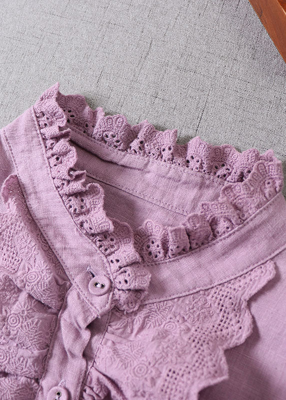 Classy Purple Ruffled Button Linen Shirt Spring