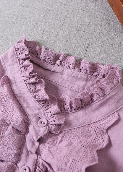 Classy Purple Ruffled Button Linen Shirt Spring