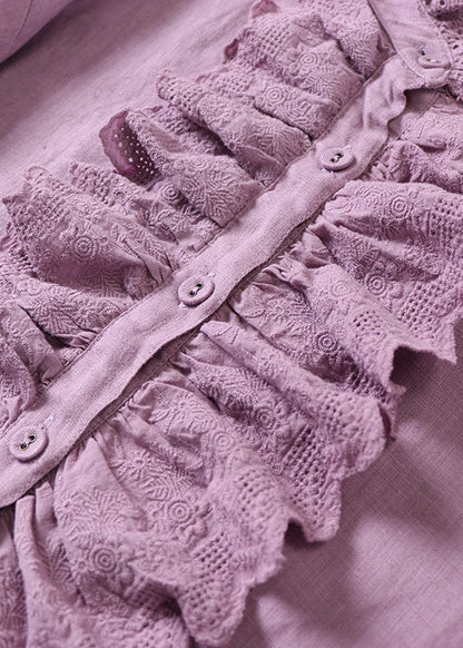 Classy Purple Ruffled Button Linen Shirt Spring