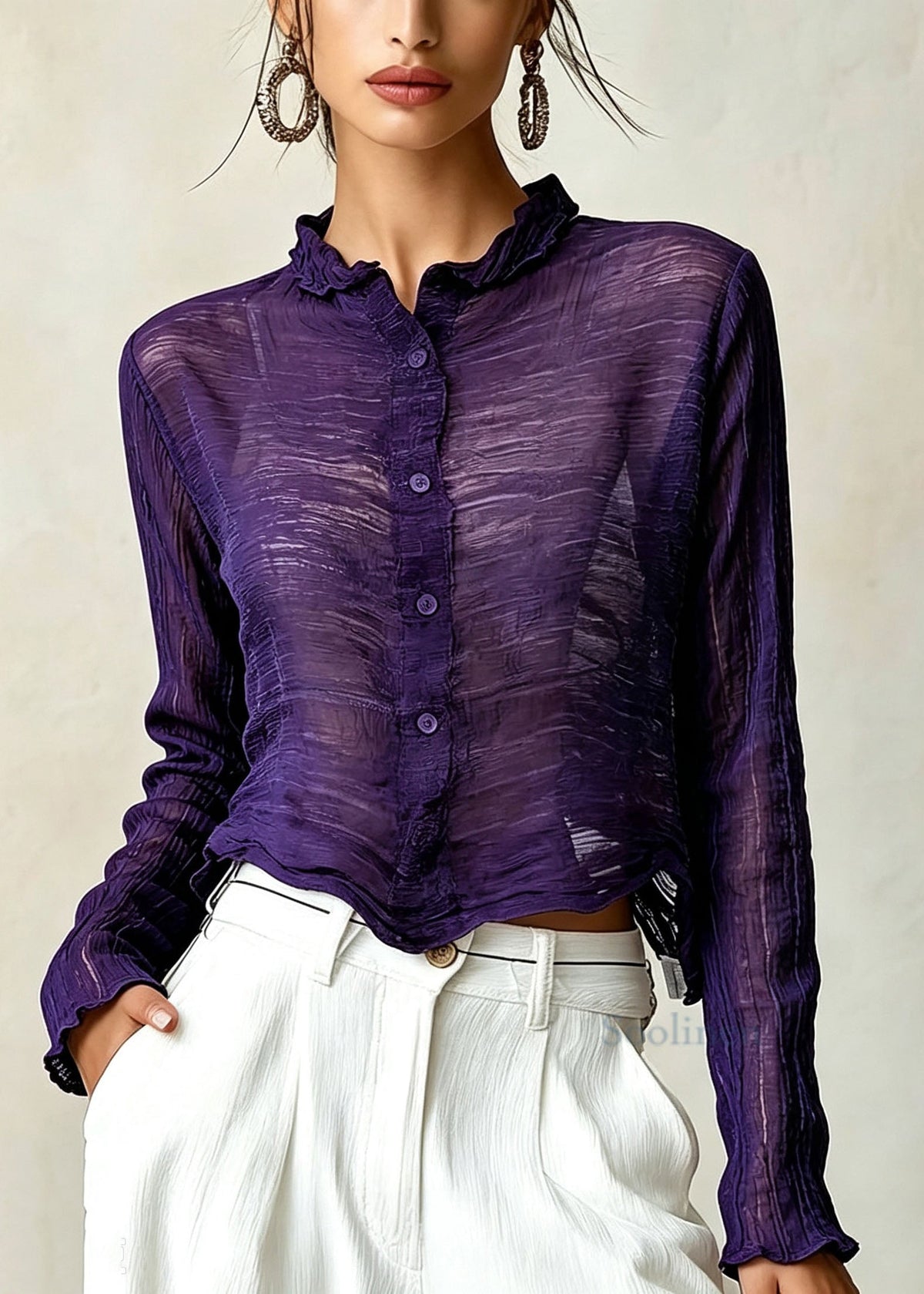 Classy Purple Ruffled Wrinkled Button Cotton Shirt Top Fall