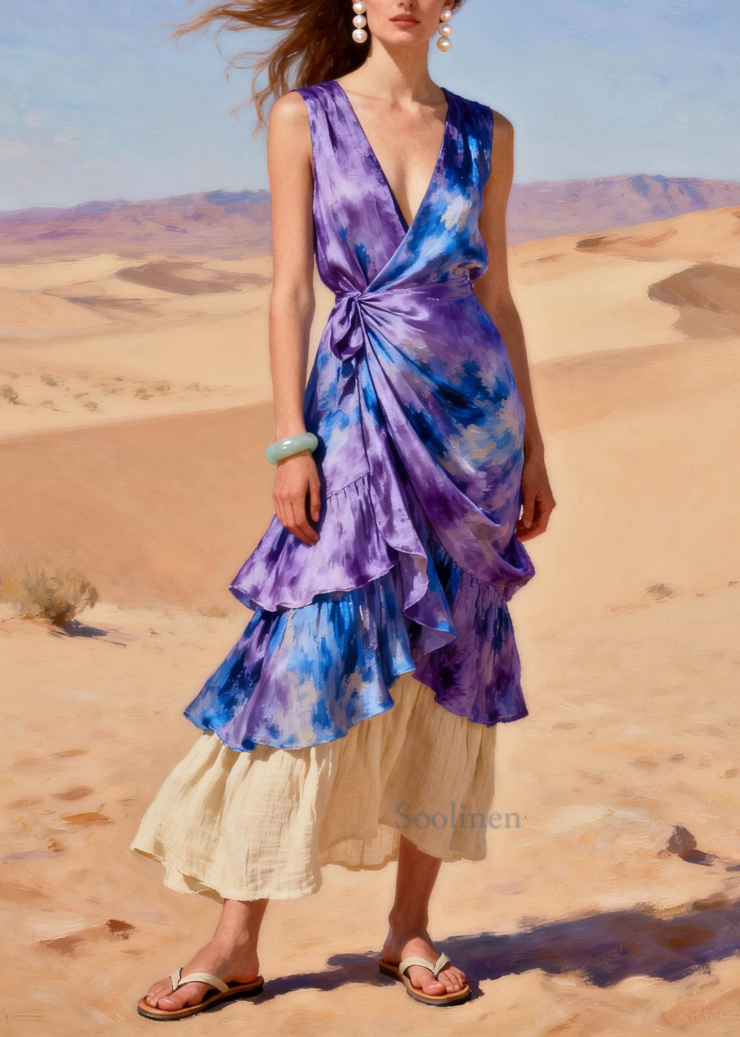 Classy Purple Tie Dye Patchwork Linen Silk Ankle Dress Summer