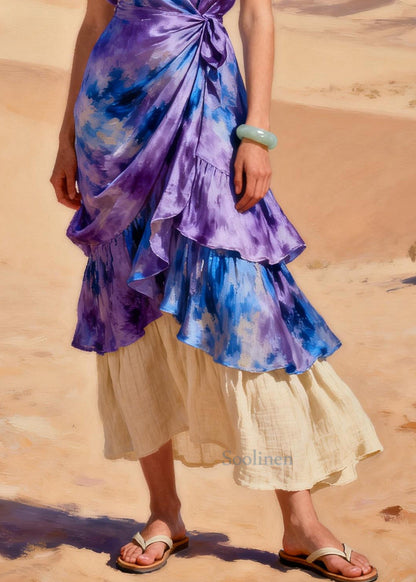 Classy Purple Tie Dye Patchwork Linen Silk Ankle Dress Summer
