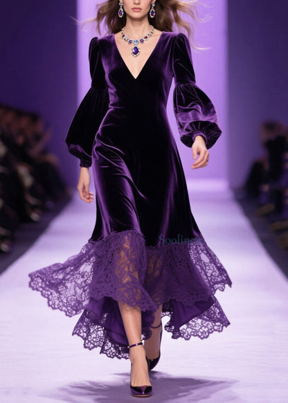Vestido elegante de terciopelo con patchwork de encaje y escote en V morado para primavera