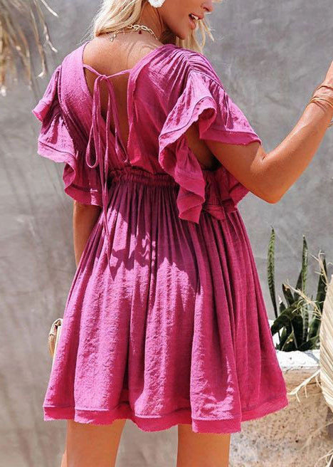 Classy Purple V Neck Lace Up Cotton Mini Dress Summer