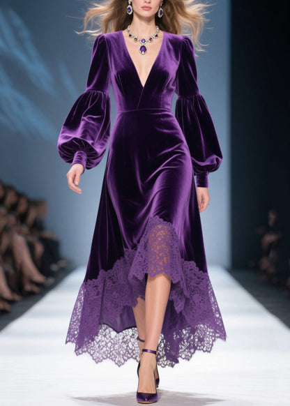 Elegante vestido de terciopelo de seda con cuello en V morado y patchwork con mangas farol