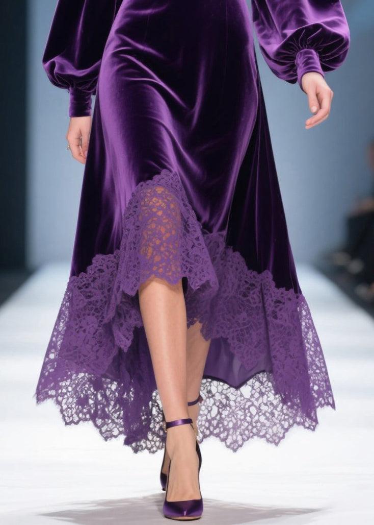 Elegante vestido de terciopelo de seda con cuello en V morado y patchwork con mangas farol