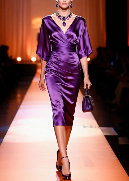 Classy Purple V Neck Patchwork Silk Dresses Summer