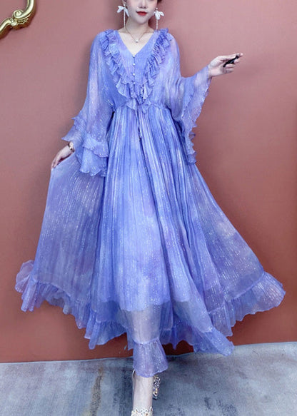 Edles lila Seidenkleid mit V-Ausschnitt, Rüschendruck und Schmetterlingsärmeln