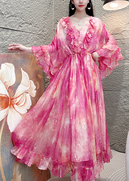 Edles lila Seidenkleid mit V-Ausschnitt, Rüschendruck und Schmetterlingsärmeln