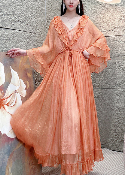 Edles lila Seidenkleid mit V-Ausschnitt, Rüschendruck und Schmetterlingsärmeln