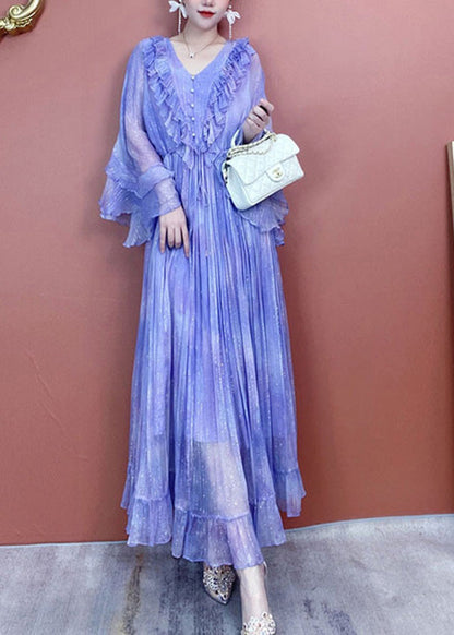 Edles lila Seidenkleid mit V-Ausschnitt, Rüschendruck und Schmetterlingsärmeln