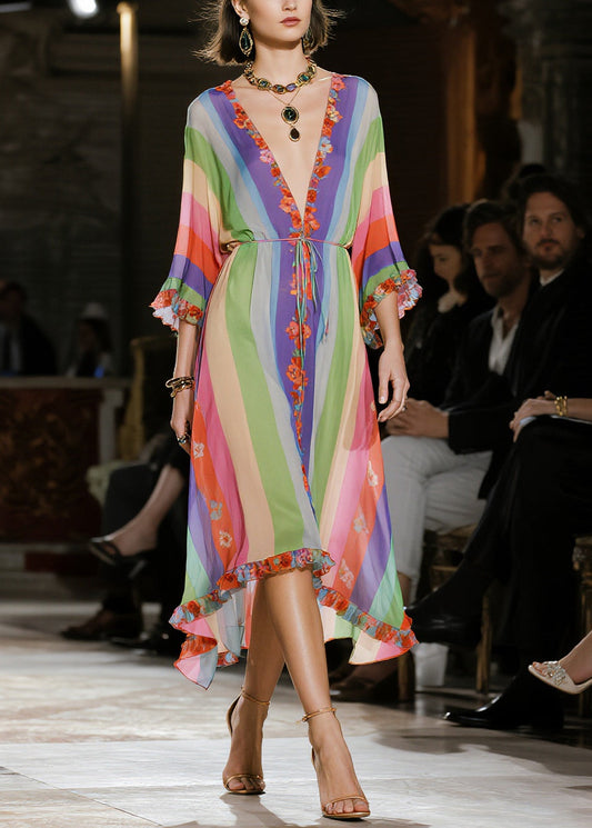 Classy Rainbow Ruffled Striped Chiffon Party Dress Summer