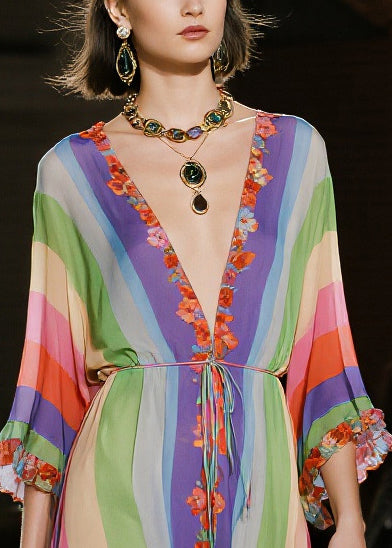 Classy Rainbow Ruffled Striped Chiffon Party Dress Summer