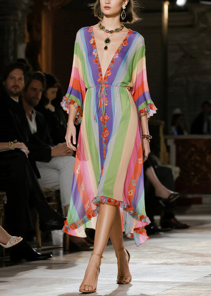 Classy Rainbow Ruffled Striped Chiffon Party Dress Summer