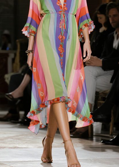 Classy Rainbow Ruffled Striped Chiffon Party Dress Summer