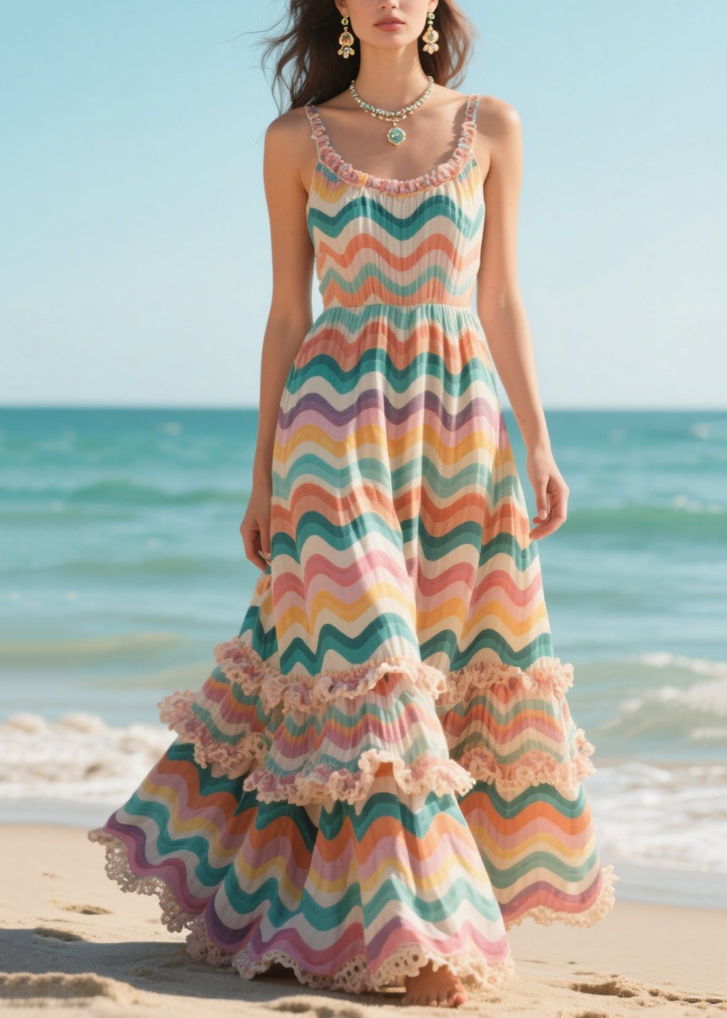 Classy Rainbow Ruffled Striped Chiffon Sun Dress Summer