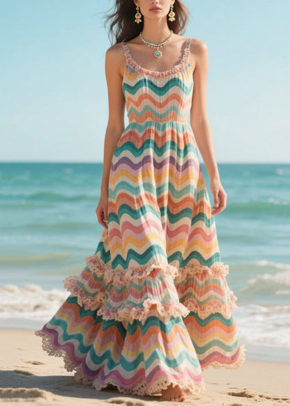 Classy Rainbow Ruffled Striped Chiffon Sun Dress Summer