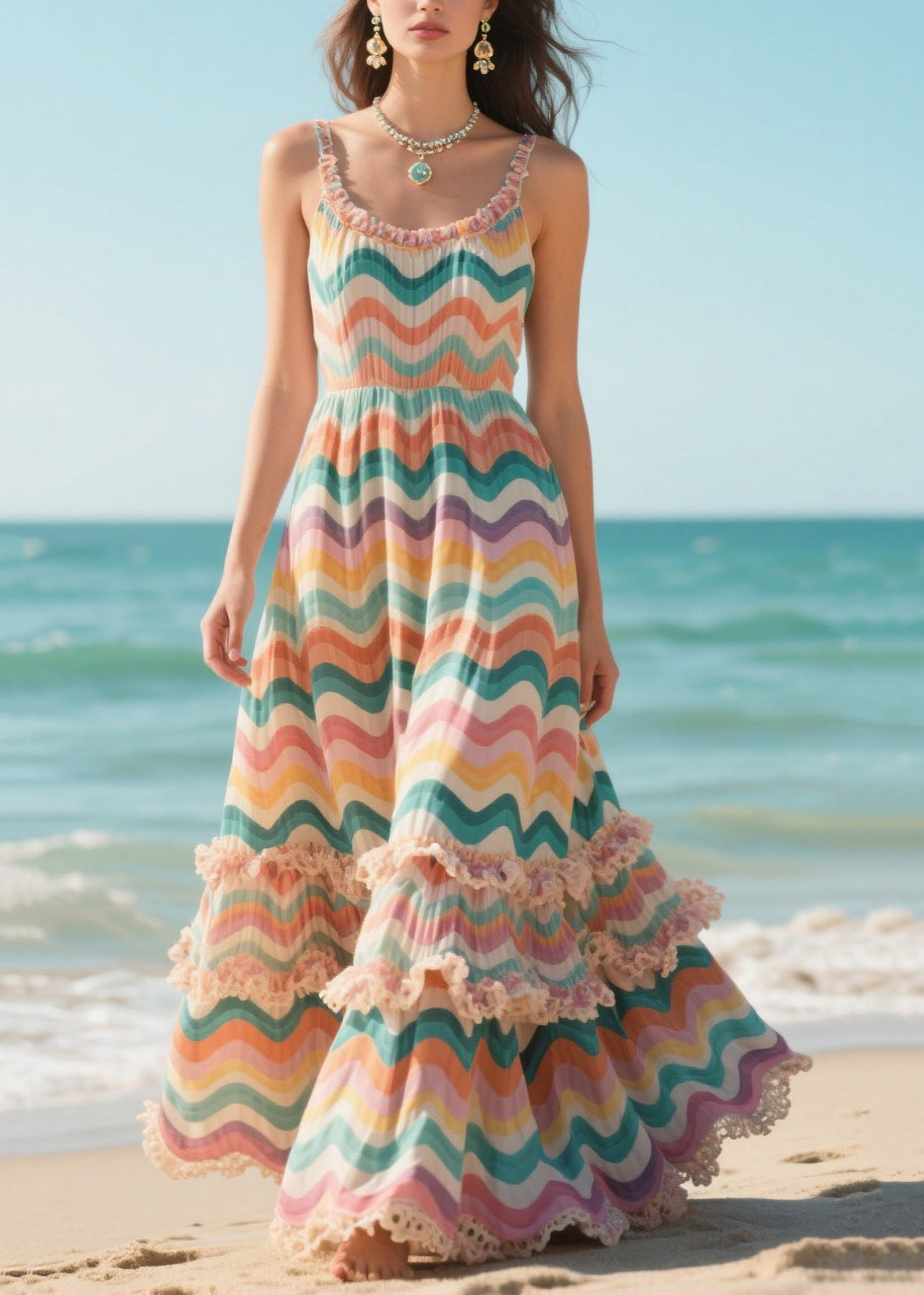 Classy Rainbow Ruffled Striped Chiffon Sun Dress Summer