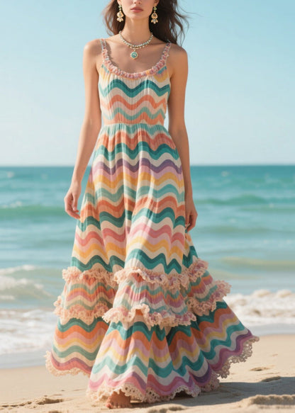 Classy Rainbow Ruffled Striped Chiffon Sun Dress Summer