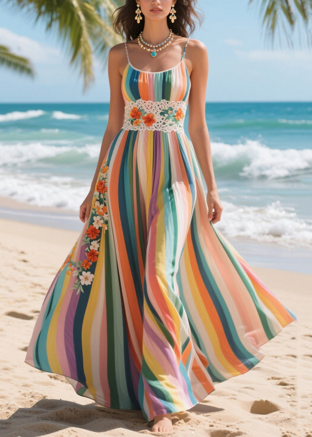 Classy Rainbow Striped Patchwork Flower Lace Chiffon Cami Dresses Summer