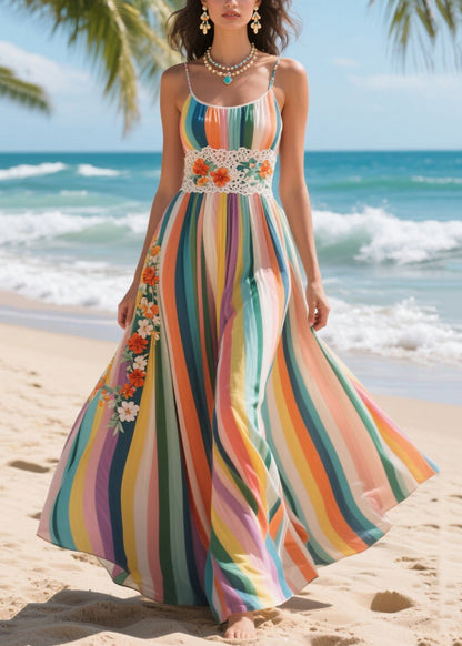 Classy Rainbow Striped Patchwork Flower Lace Chiffon Cami Dresses Summer