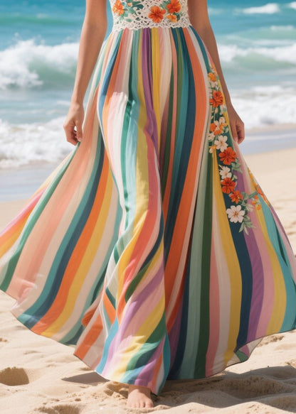 Classy Rainbow Striped Patchwork Flower Lace Chiffon Cami Dresses Summer