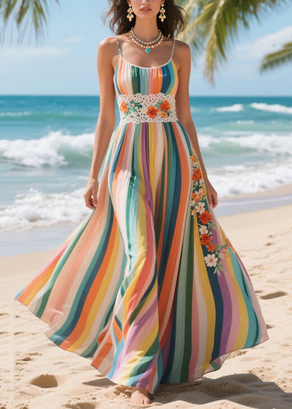 Classy Rainbow Striped Patchwork Flower Lace Chiffon Cami Dresses Summer