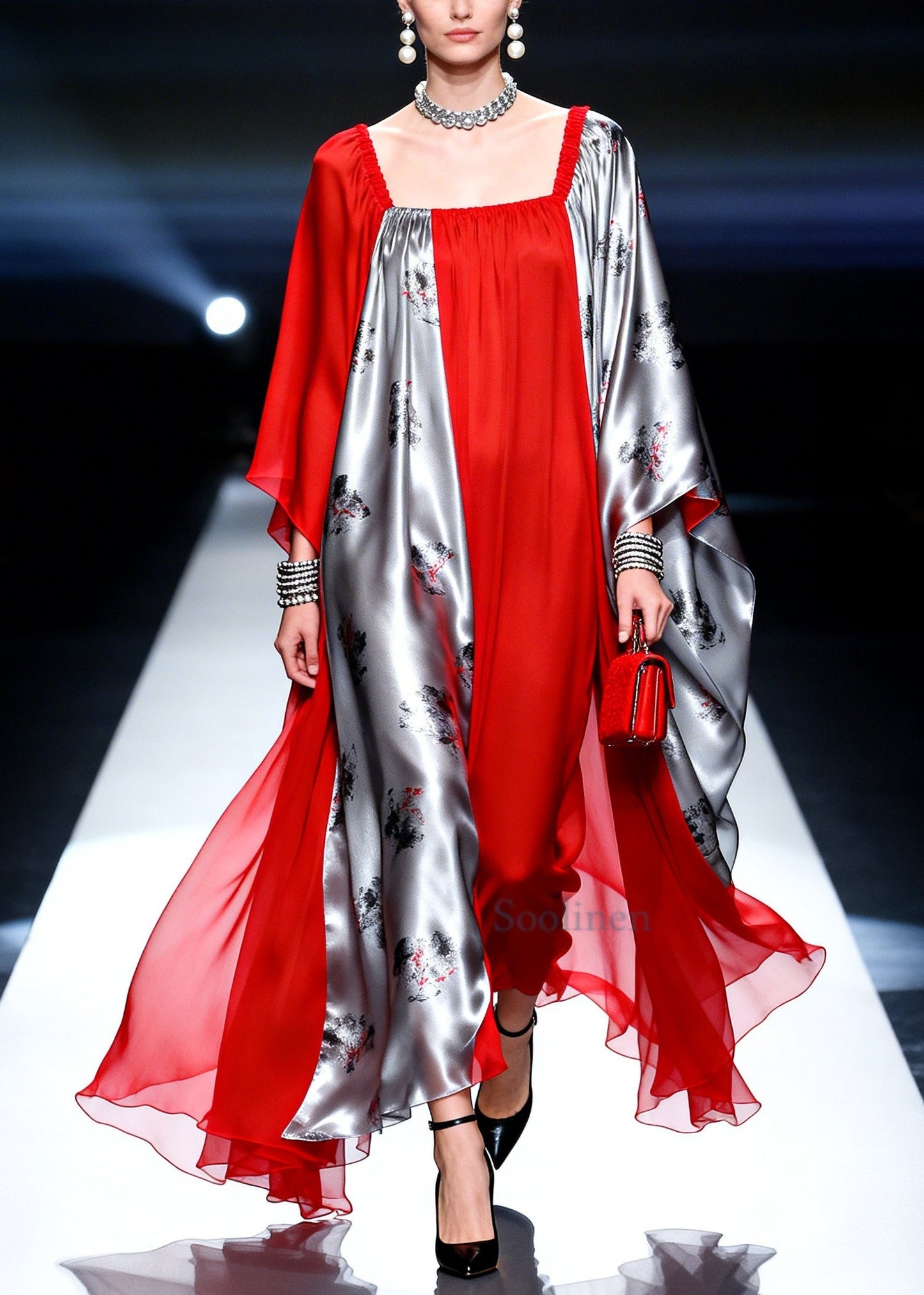 Classy Red Asymmetrical Patchwork Chiffon Maxi Dress Summer