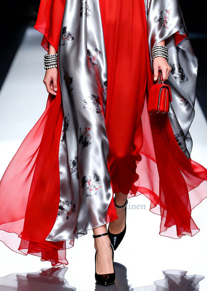 Classy Red Asymmetrical Patchwork Chiffon Maxi Dress Summer