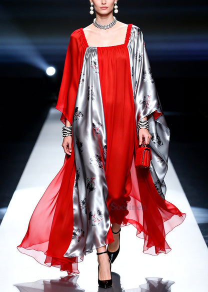 Classy Red Asymmetrical Patchwork Chiffon Maxi Dress Summer