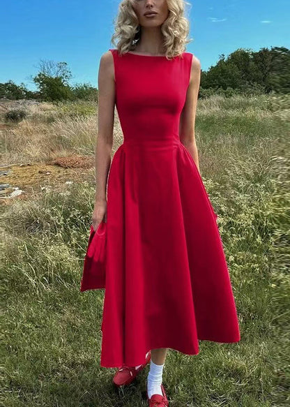 Classy Red Backless Cotton Party Dress Sleeveless