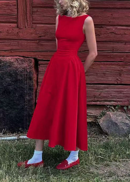 Classy Red Backless Cotton Party Dress Sleeveless