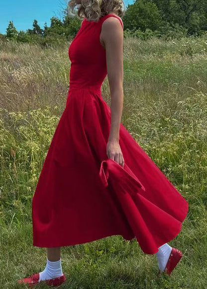 Classy Red Backless Cotton Party Dress Sleeveless