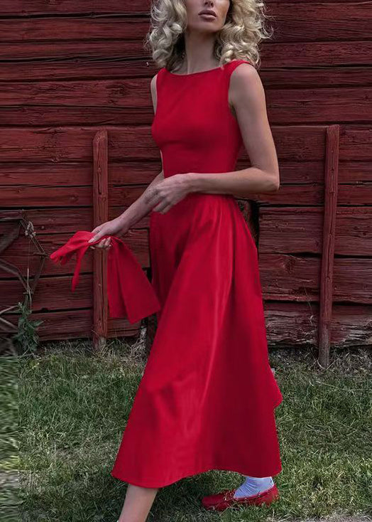 Classy Red Backless Cotton Party Dress Sleeveless