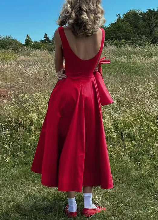 Classy Red Backless Cotton Party Dress Sleeveless