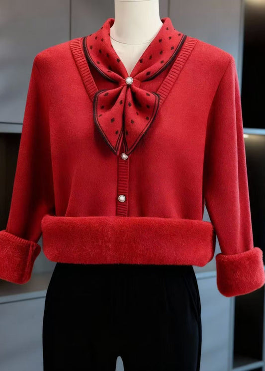 Classy Red Bow Patchwork Warm Fleece Knit Pullover Winter