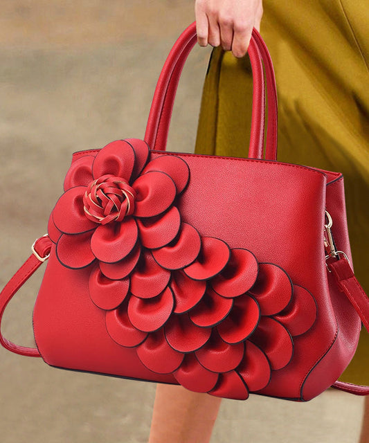 Classy Red Floral Durable Faux Leather Tote Bag