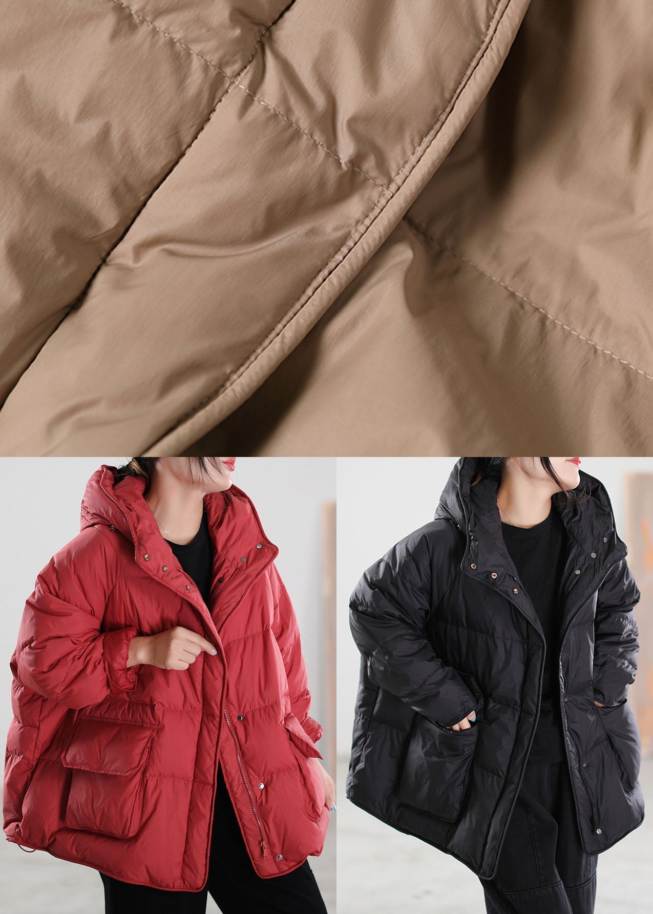 Classy Red Hooded Duck Down Puffer Coat Winter