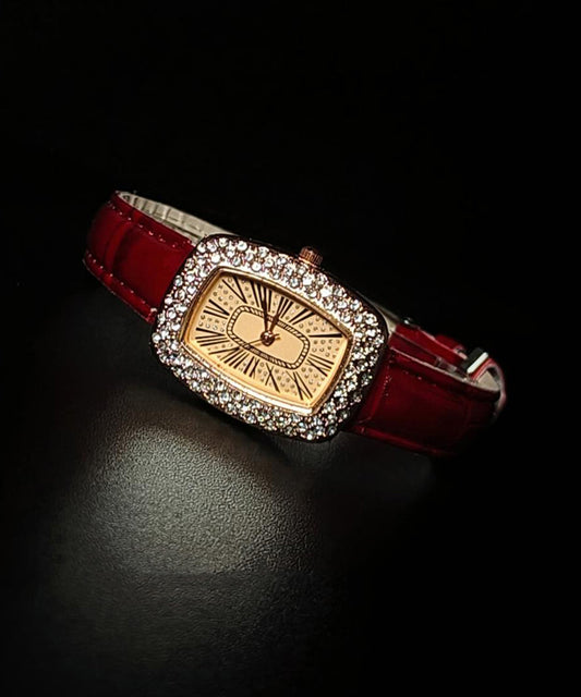 Elegante reloj de cuero rojo con circonitas y diseño de aliento de bebé, resistente al agua