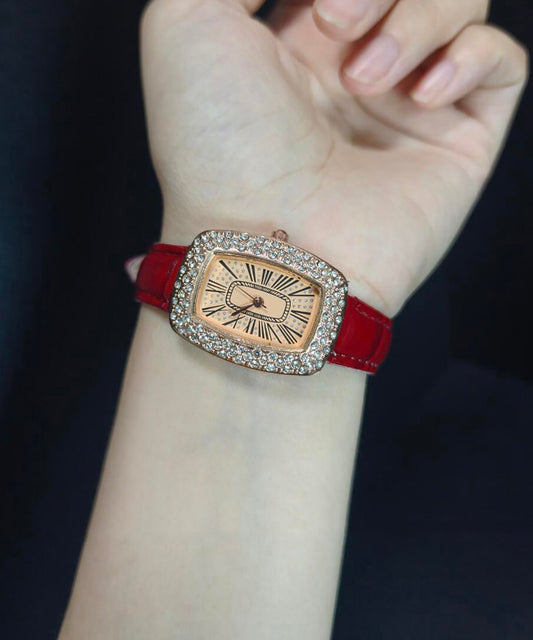 Elegante reloj de cuero rojo con circonitas y diseño de aliento de bebé, resistente al agua