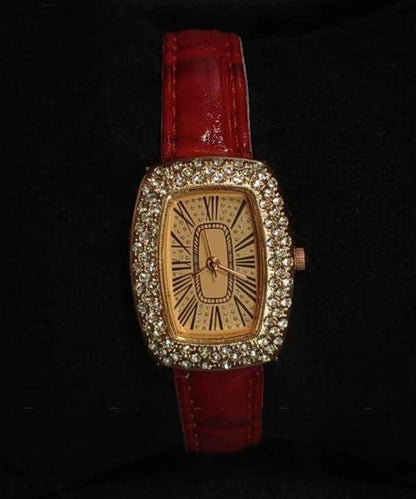 Elegante wasserdichte Uhren aus rotem Leder mit Zirkonia und Schleierkraut