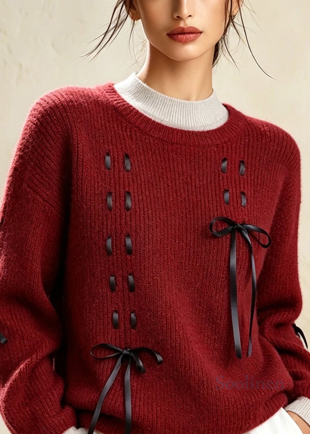 Classy Red O Neck Bow Lace Up Thick Knit Sweater Fall