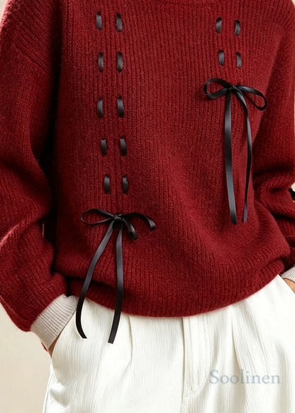 Classy Red O Neck Bow Lace Up Thick Knit Sweater Fall