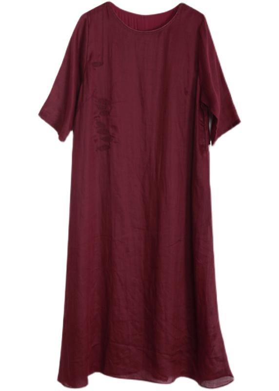 Classy Red O-Neck Linen Half Sleeve Summer Dresses - SooLinen
