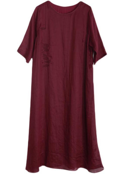 Classy Red O-Neck Linen Half Sleeve Summer Dresses - SooLinen