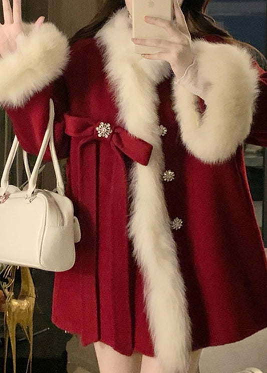 Classy Red Pockets Patchwork Cozy Woolen Parka Winter