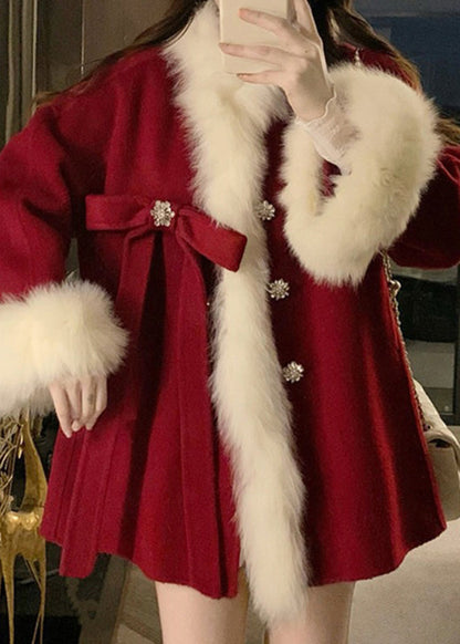 Classy Red Pockets Patchwork Cozy Woolen Parka Winter