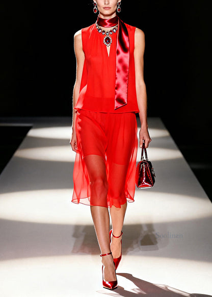 Classy Red Silm Fit Draping Chiffon Two Pieces Set Summer