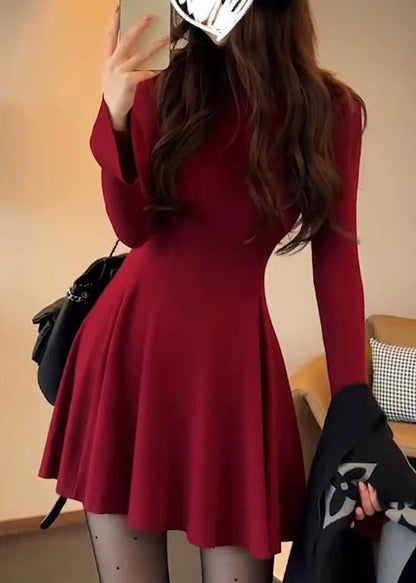 Classy Red Stand Collar Silm Fit Cotton Mid Dress Flare Sleeve