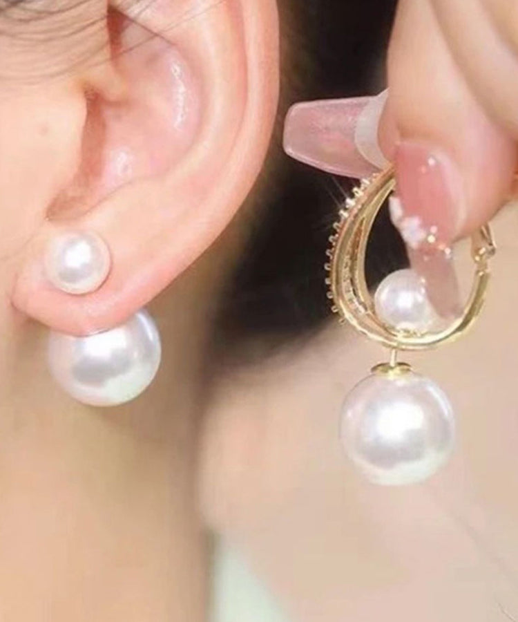 Elegantes pendientes colgantes de plata de ley roja con circonitas doradas y perlas